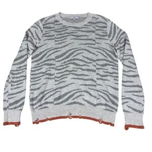 Fate Womens Zebra Print‎ Distressed Cotton Knit Sweater Grey Orange FWM2932 M